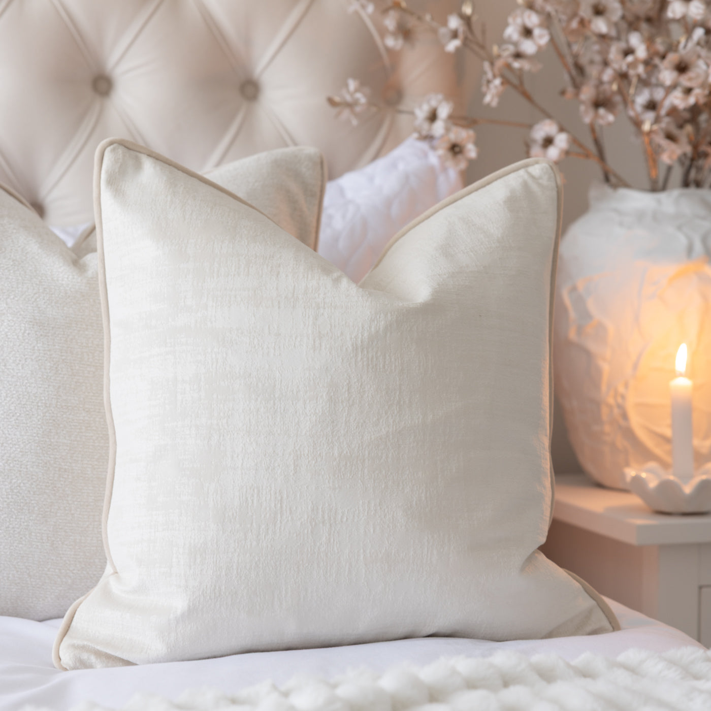 Azurite Ivory Velvet Cushion with Cream Piping