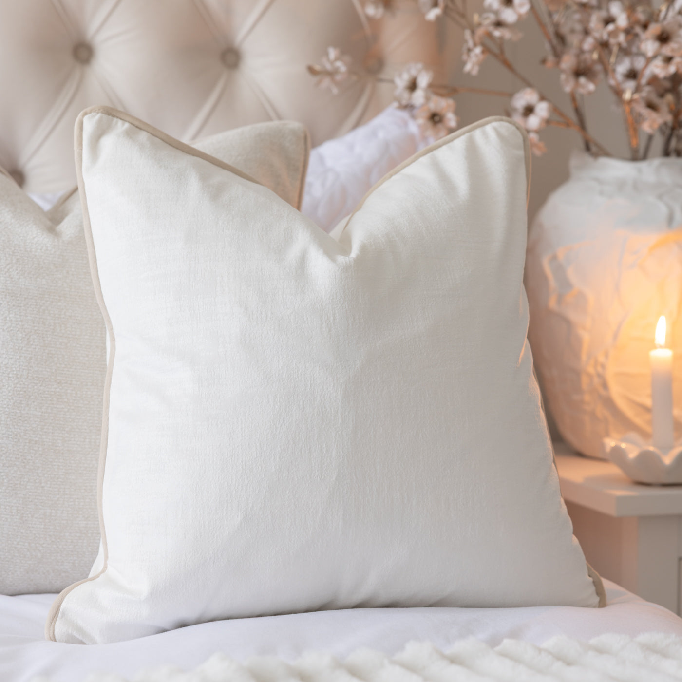 Azurite Snow Velvet Cushion with Cream Piping