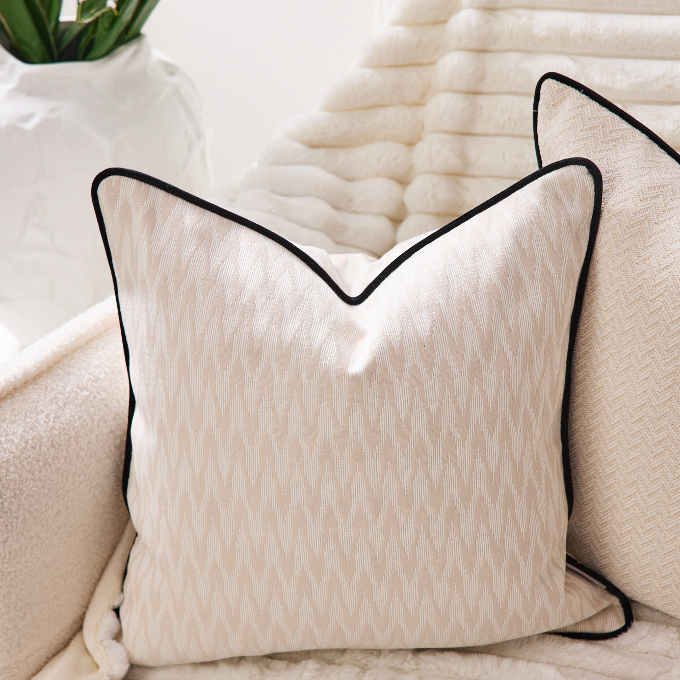 Apex Ivory Cushion With Black Piping