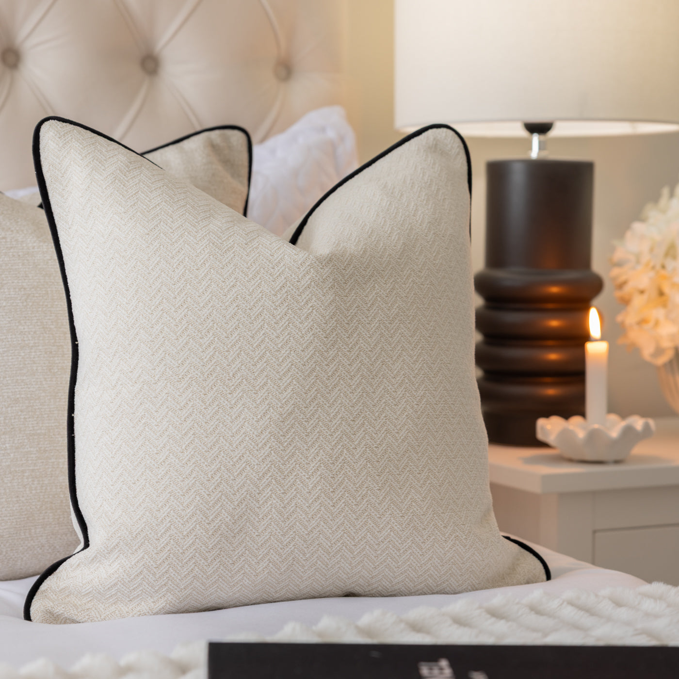Trinity Ivory Piped Cushion with Black Piping