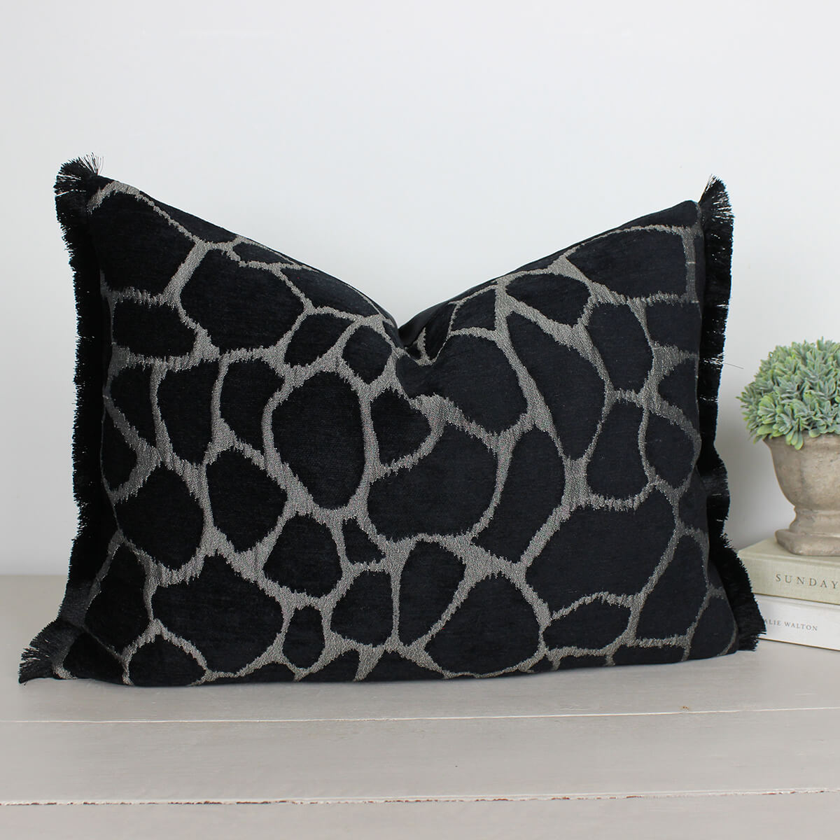 Kenya Silver Giraffe Fringe Cushion