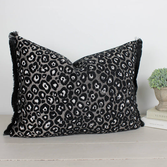 Kilimanjaro Black & Silver Leopard Fringe Cushion