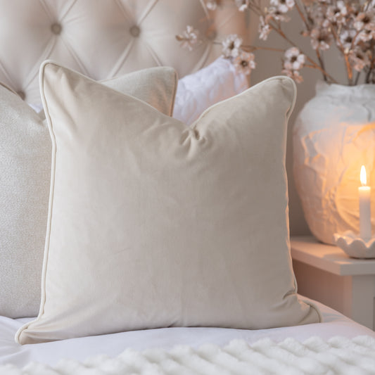 London Cream Velvet Cushion with Ivory Piping