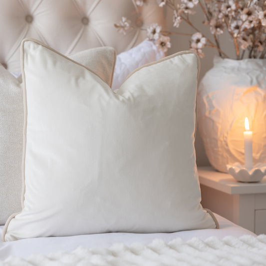 London Ivory Velvet Cushion with Cream Piping