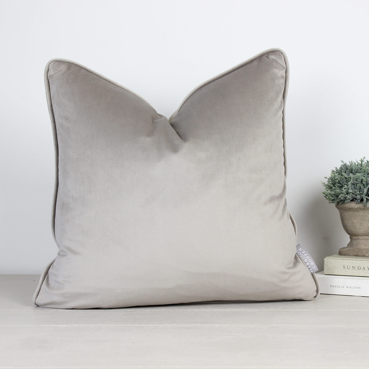 London Warm Grey Velvet Piped Cushion