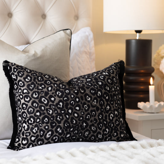 Zambia Black & Silver Leopard Fringe Cushion