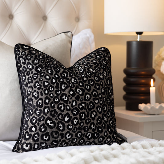 Zambia Silver & Black Cheetah Patterned Cushion